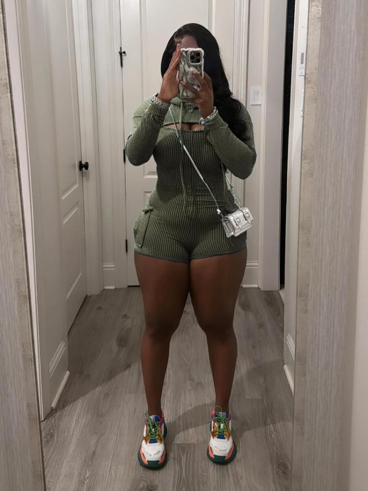 Women Solid Ribbed Two Piece Set Long Sleeve Hooded Cape + Pockets Spaghetti Straps Playsuits Fashion Stretch Streetwear Suits