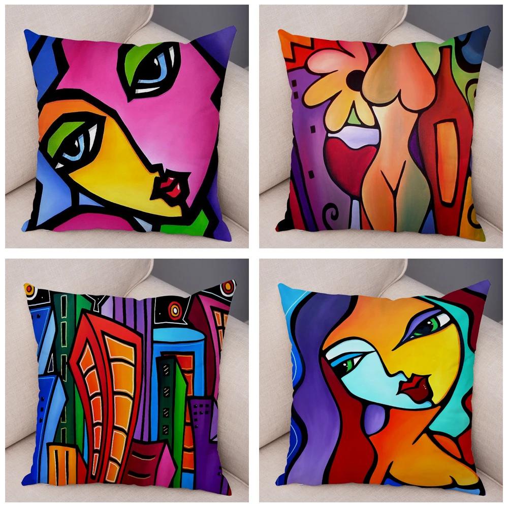 Abstract Painting Cushion Cover Decoration Nordic Style Colorful Cartoon Girl Pillowcase Sofa Home