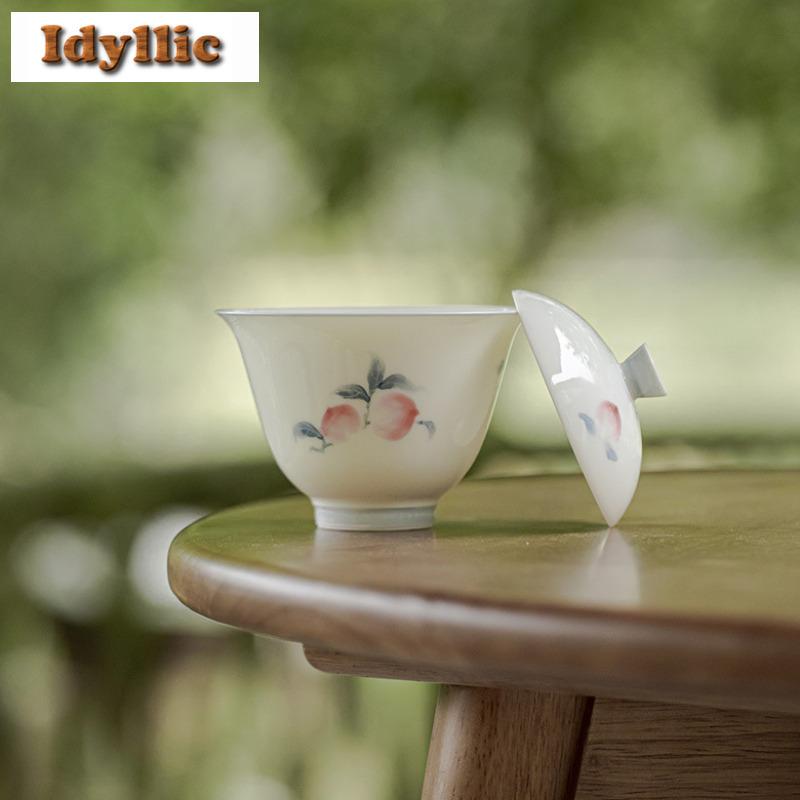 140ml Jade Mud Hand-painted Peach Gaiwan Boutique Tea Tureen Tea Bowl With Lid Kit Tea Maker Cover Bowl Chinese Teaset Ornaments