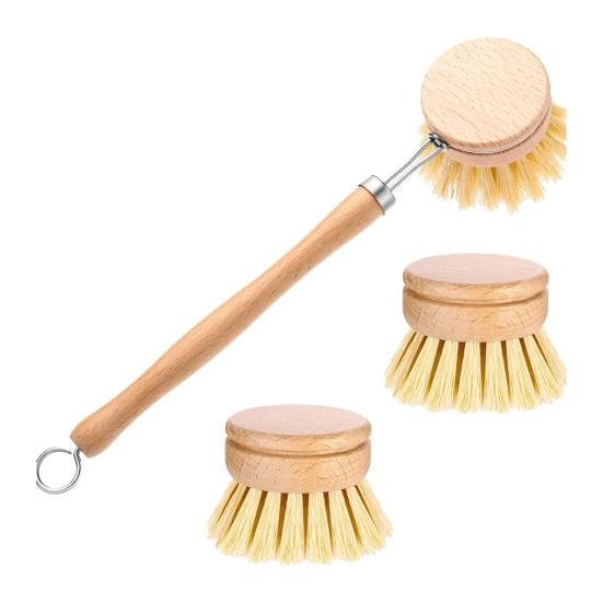 

Bamboo Dish Brush Long Handle Medium-Hard Bristles Ergonomic Natural Dish Scrubber with 2 Replacement Brush Heads 1 Set