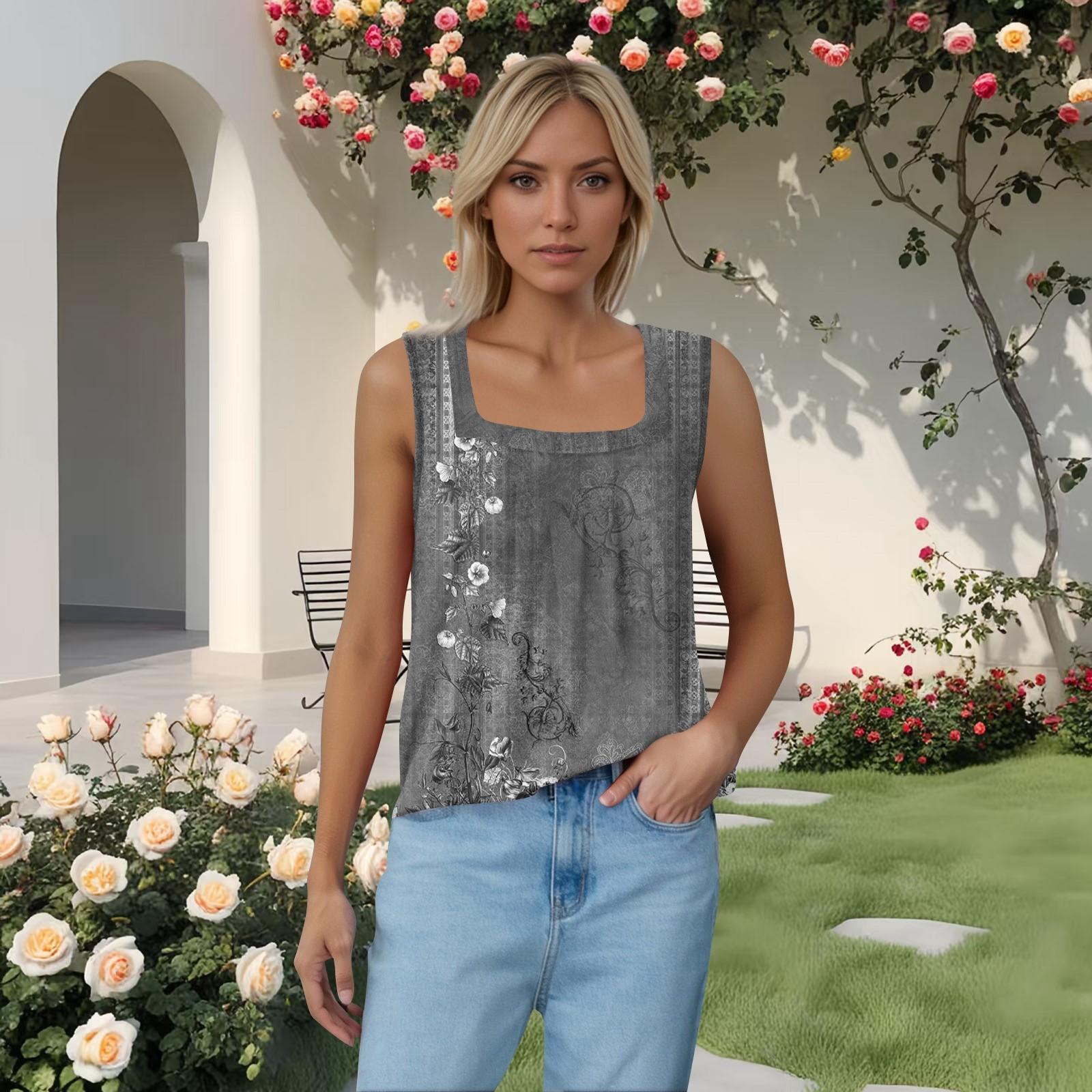 

Женская плиссированная футболка без рукавов с квадратным воротником и принтом XXL