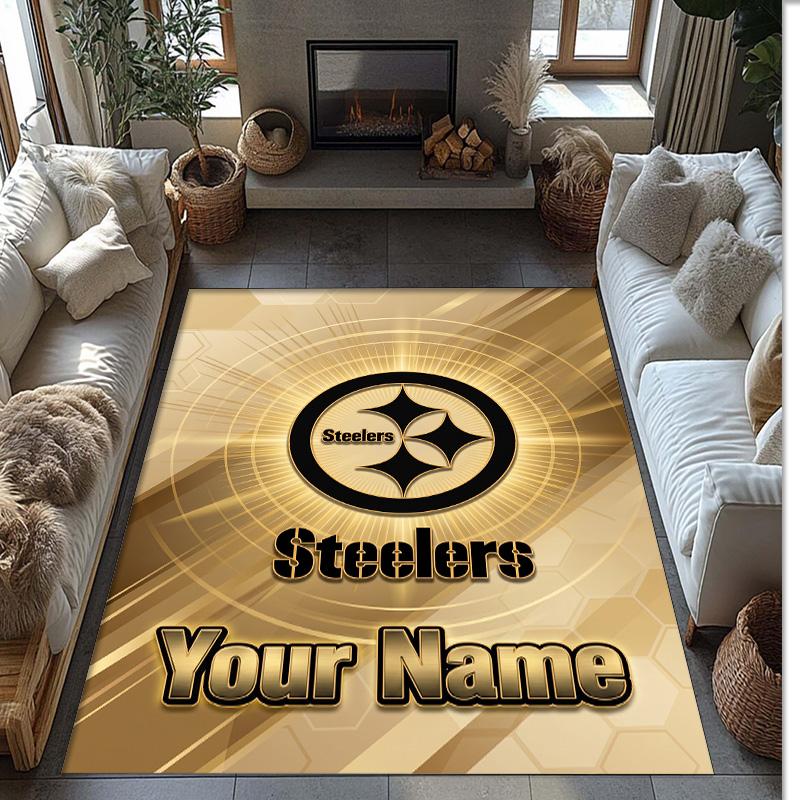 Pittsburgh Steelers Crystal Velvet Rug, Custom Name Text Personalized Non‑Slip Floor Mat for Home Decor Gift