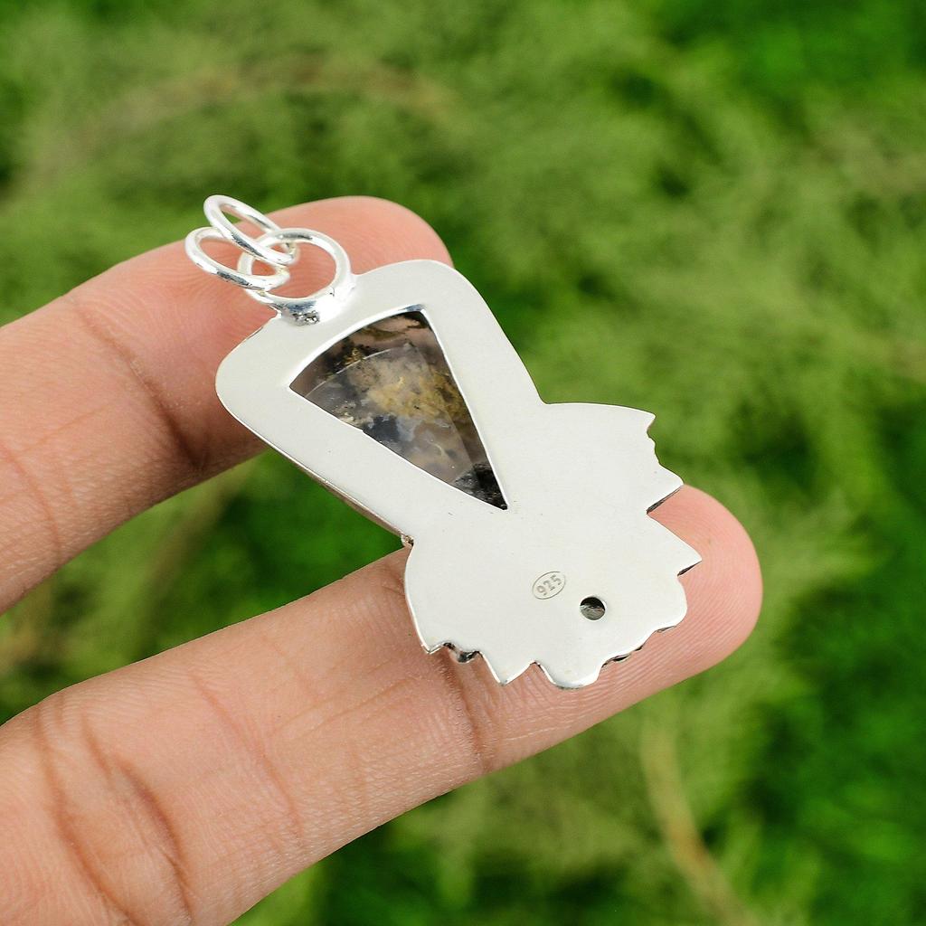 Daughters Day Deal Plume Agate Gemstone Swiss Blue Topaz Pendant Sterling Silver