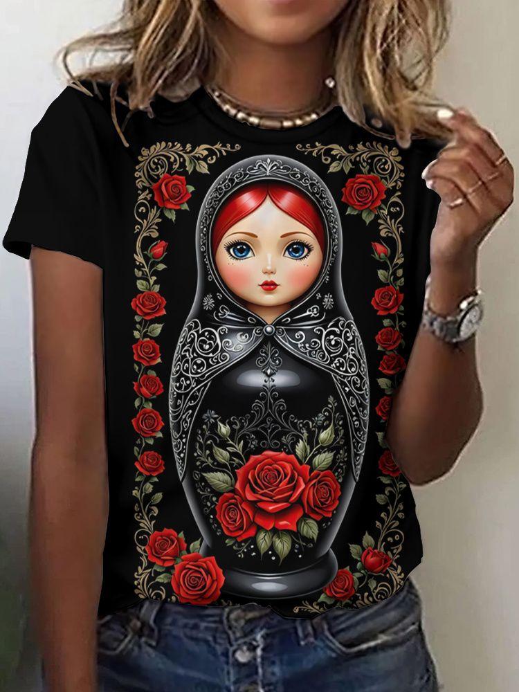 

Matryoshka doll 3D print women s round neck short-sleeved T-shirt, Harajuku style top, women s clothing 5XL