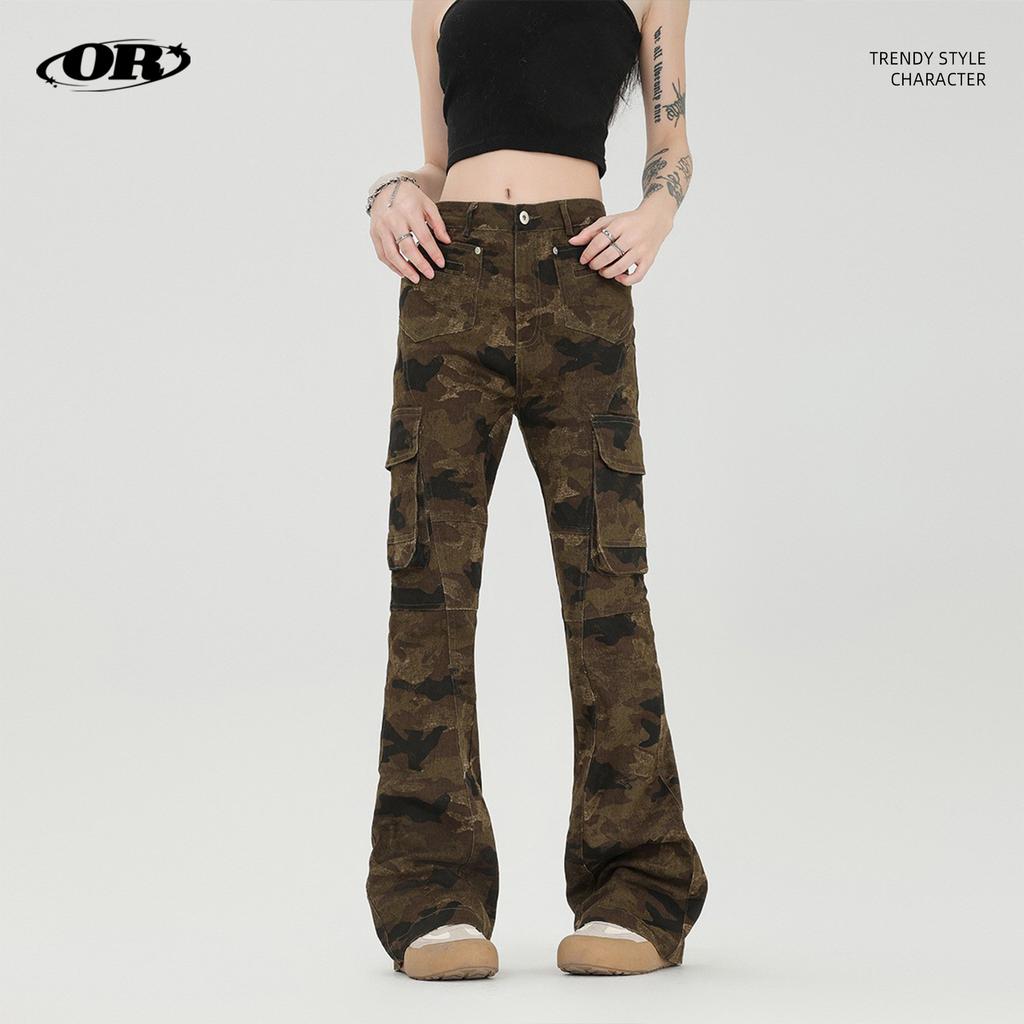Ladies' American Vintage Camouflage Micro Flared Work Pants, Retro Trendy Brand Slim Fit Camouflage Work Pants