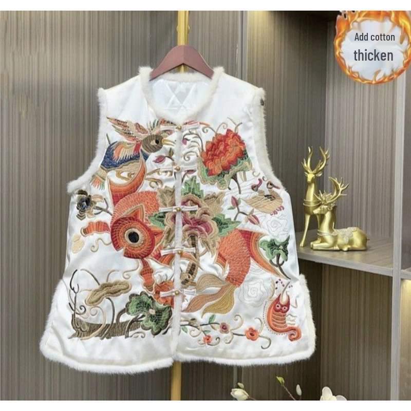 

Женский осенне-зимний жилет без рукавов с китайской вышивкой 2024 3XL (130-145 jin) белый