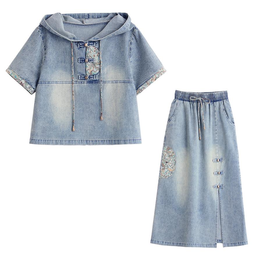 Embroidered denim suit skirt women's summer dress new retro hooded short-sleeved skirt two-piece set