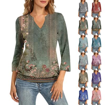 Damen 3/4-Ärmel Oberteil Hals Saum V-Ausschnitt Sommer Freizeit T-Shirt Vintage Bedrucktes Oberteil