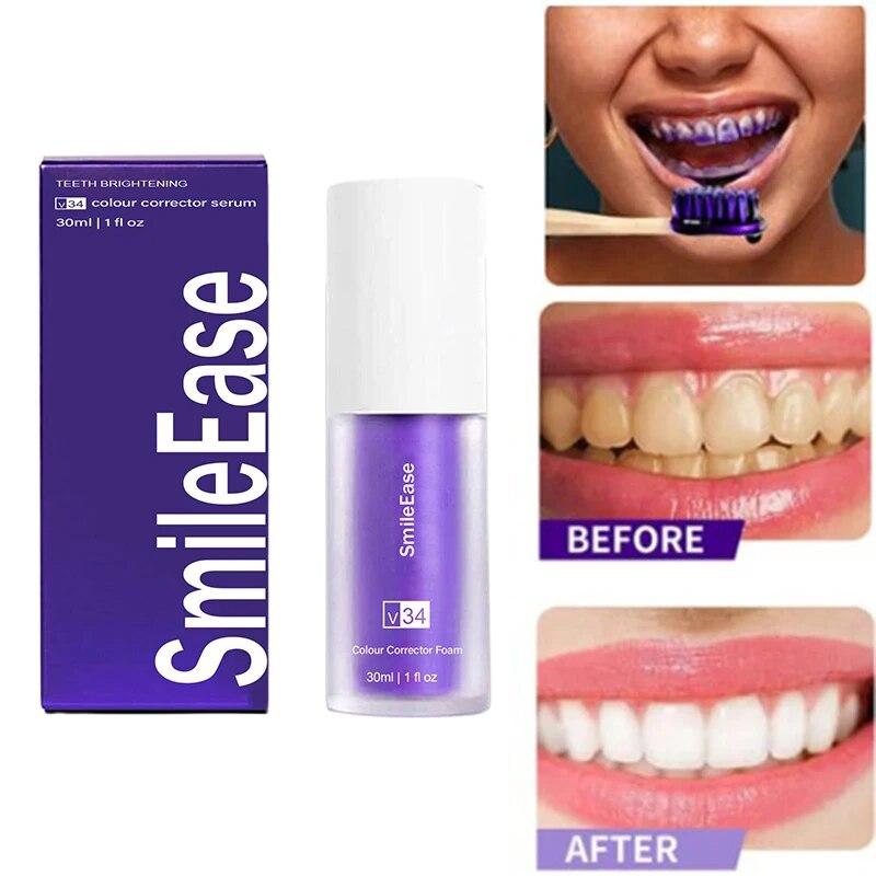 V34 Whitening Fresh Breath Rozjasňujúci fialová zubná pasta na odstránenie škvŕn Redukcia žltnutia Starostlivosť o zuby ďasná ústna 30 ml