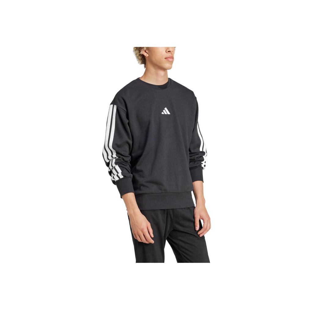 adidas Essentials 3 Şeritli Fransız Havlu Kumaş Sweatshirt Siyah/Beyaz Erkek Sokak Giyimi JE6372