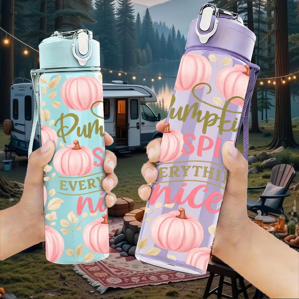 1PC Pink Pumpkin Spice Fall Print 750ml Color Plastic Sports Water Bottle Leakproof Flip Straw Lid Suitable for Sports Office Home Use