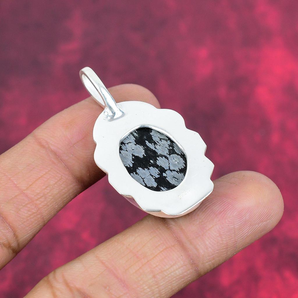 Wisiorek z obsydianu w kształcie płatka śniegu, 925 solidne srebro próby 925, ręcznie robiony delikatny wisiorek z kamieniami szlachetnymi, dla niej