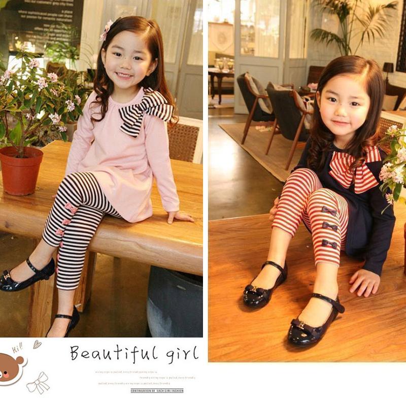 Adorable 2pcs Toddler Kids Baby Girls Outfits With Bowknot Top Striped Legging