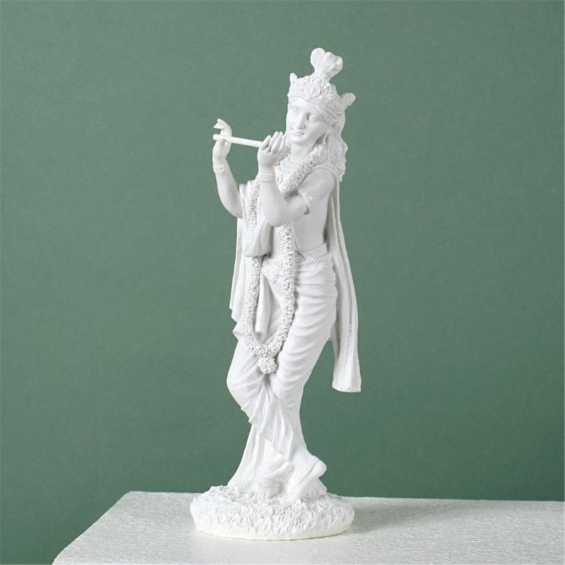 Standing Hindu God Krishna Resins White Marbled Finish Sculpture Figurine Ornament for Home Office Desktop Decoration X3UC