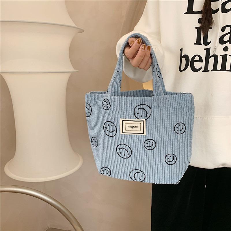 1221 new corduroy retro polka dot handbag cute smiley face hand carrying tote bag women's bento bag