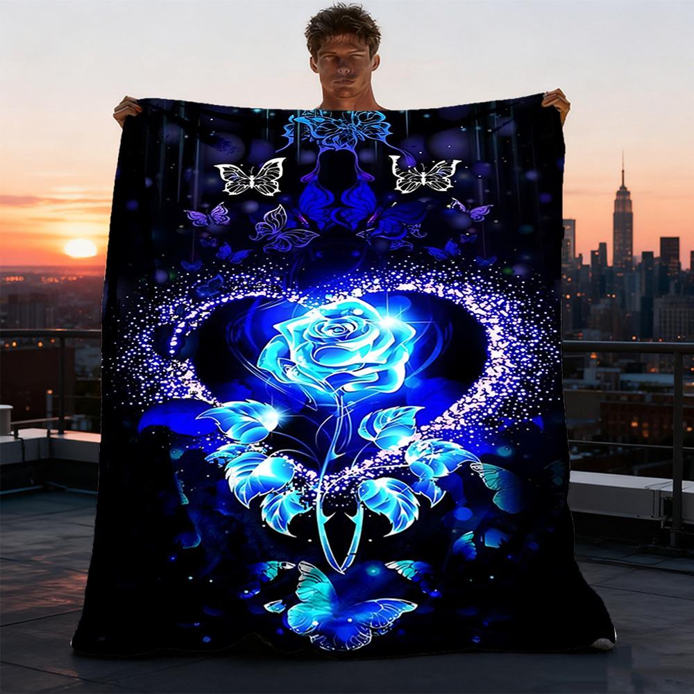 1pc Blue Rose Butterfly Print Outdoor Flannel Blanket Soft All Season Polyester Throw , Perfect for Picnics & Travel , Picnic Accessory