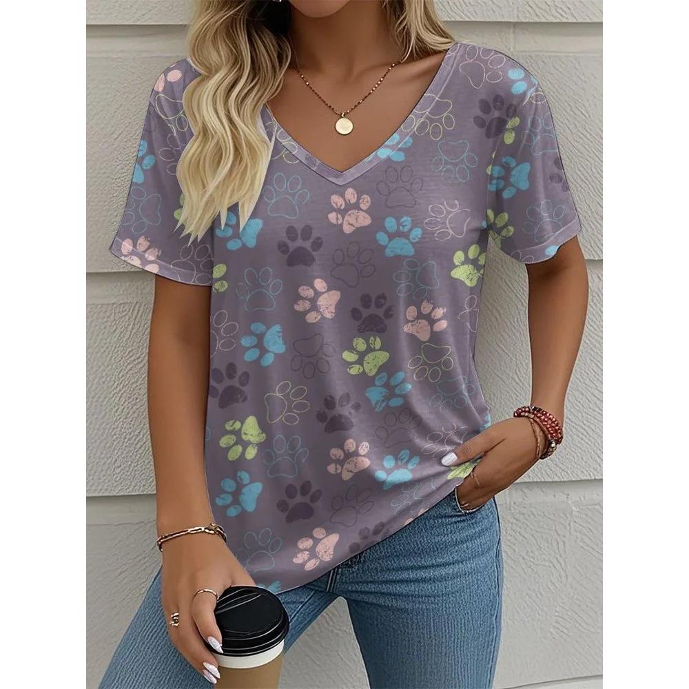 Summer V-neck 3D Cat Paw Pattern Printed Top Fashionable Casual Short Sleeved Women's T-shirts