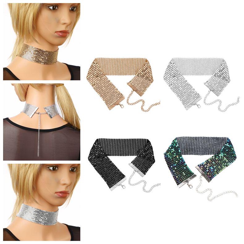 

Женщины Девушки Блестящий Блестящий Гладкий Регулируемый Широкий Сетка Плоская Цепь Металл Chocker Ожерелье