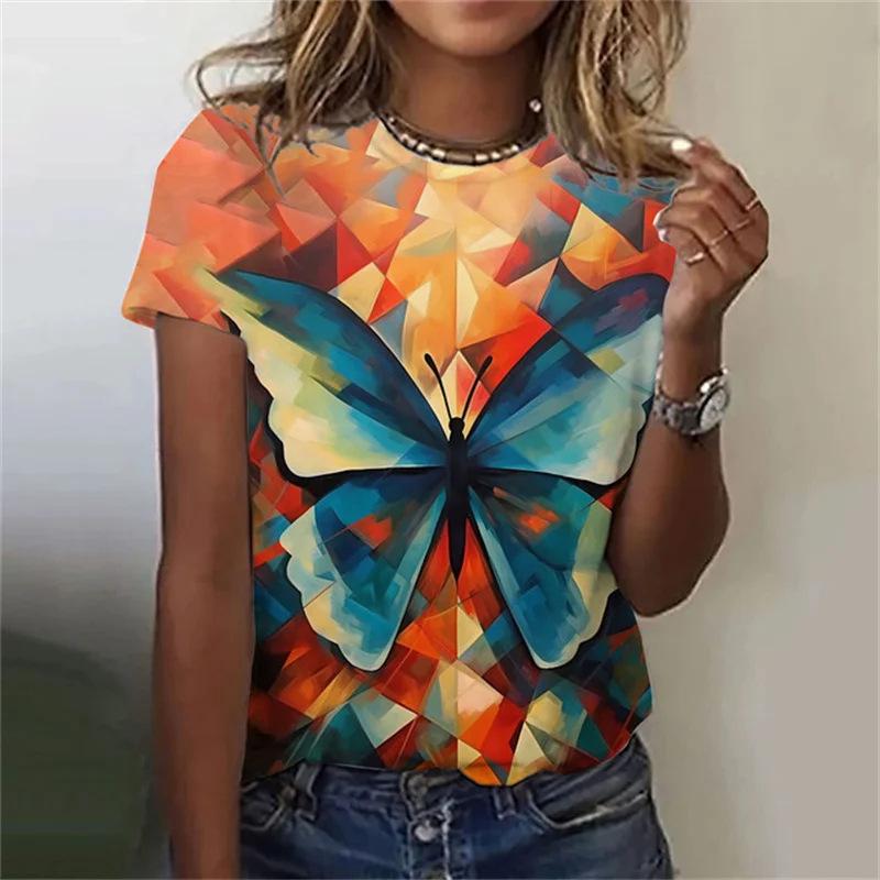 Summer Round Neck Butterfly Pattern 3D Print Top Fashionable Casual Short Sleeved Women's T-shirts