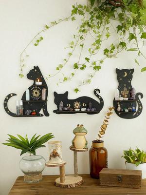 1pc Sun Moon Star Black Cat Floating Wall Shelf Wooden Crystal Shelf Display Wall Decor Display Shelf Boho Home Decoration Ledge