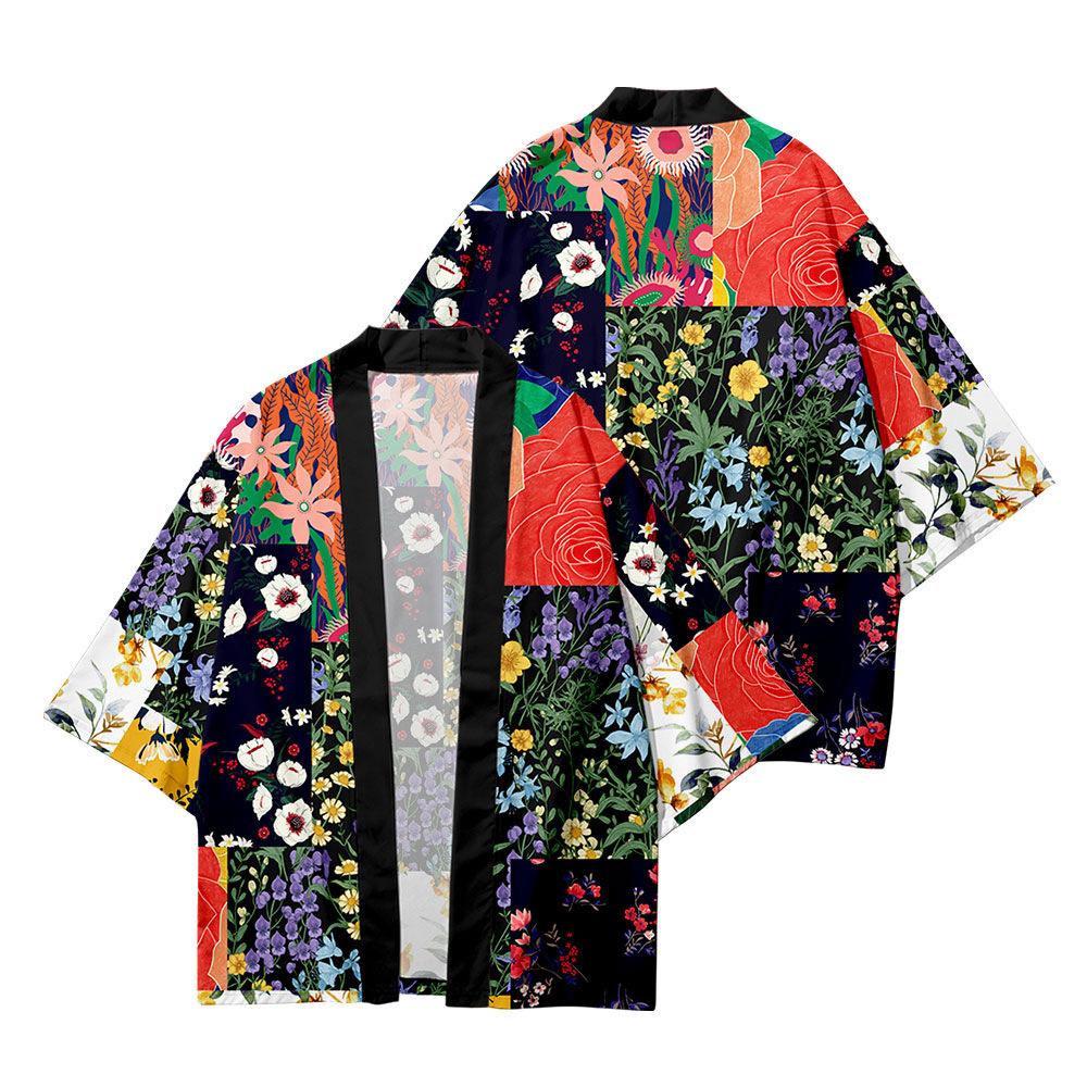 Chinese style 3D flower splicing creative cardigan seven-quarter sleeve cape kimono summer feather weaving home bathrobe pajamas men