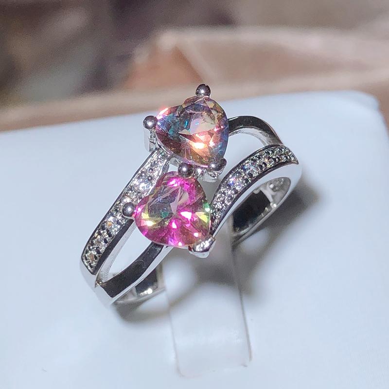 Bague en zircone colorée Double en forme d'amour pour femme, sept couleurs, timbre 925, cadeau de saint-valentin, bijoux de demande en mariage