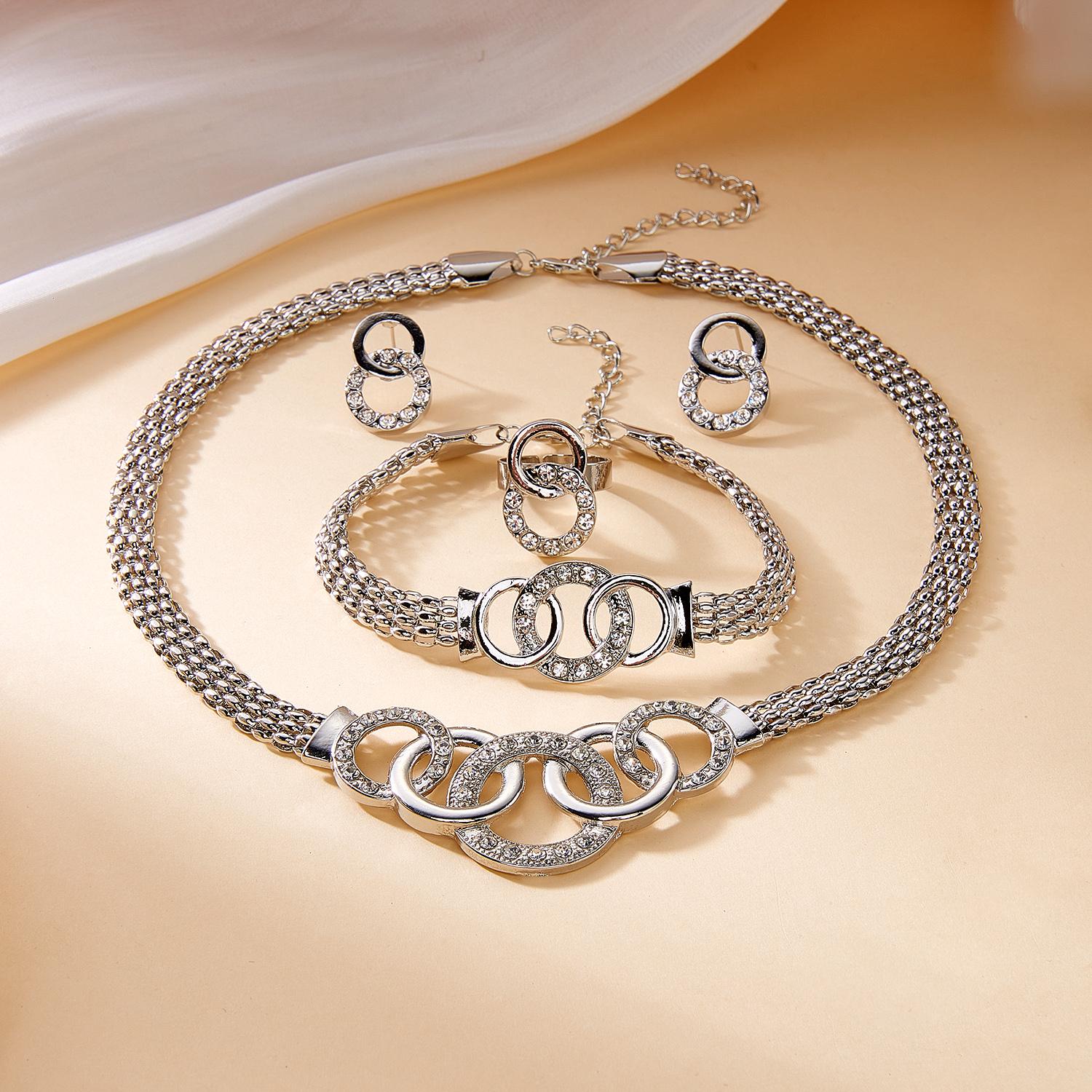 

Luxury Rhinestone Interlocking Circle Jewelry Set for Women Trendy Gold Color Crystal Necklace Earrings Bracelet Ring Set Gifts