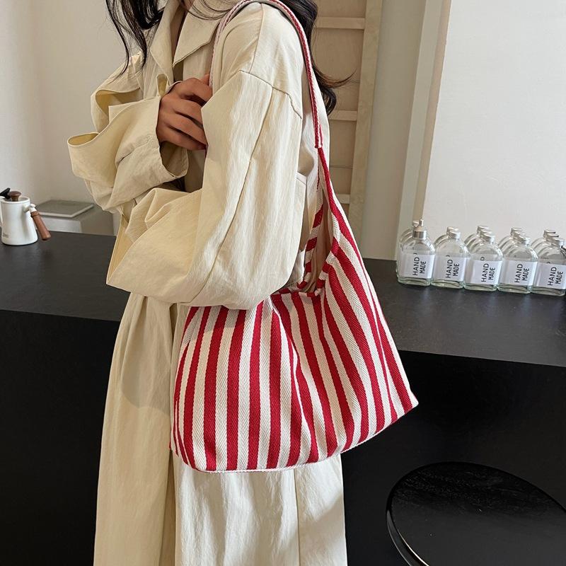 Retro Literary Handbag Simple Fashion Striped Shoulder Bag Casual Fashion Large Capacity Shopping Bag Bag Tide