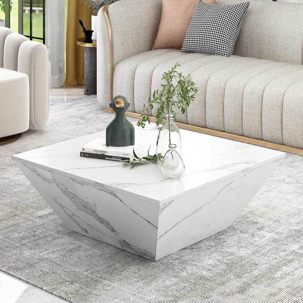 Tavolino da caffè a tamburo moderno, Tavolino da caffè trapezoidale con impiallacciatura in marmo bianco, Tavolo da soggiorno 70*70*37cm