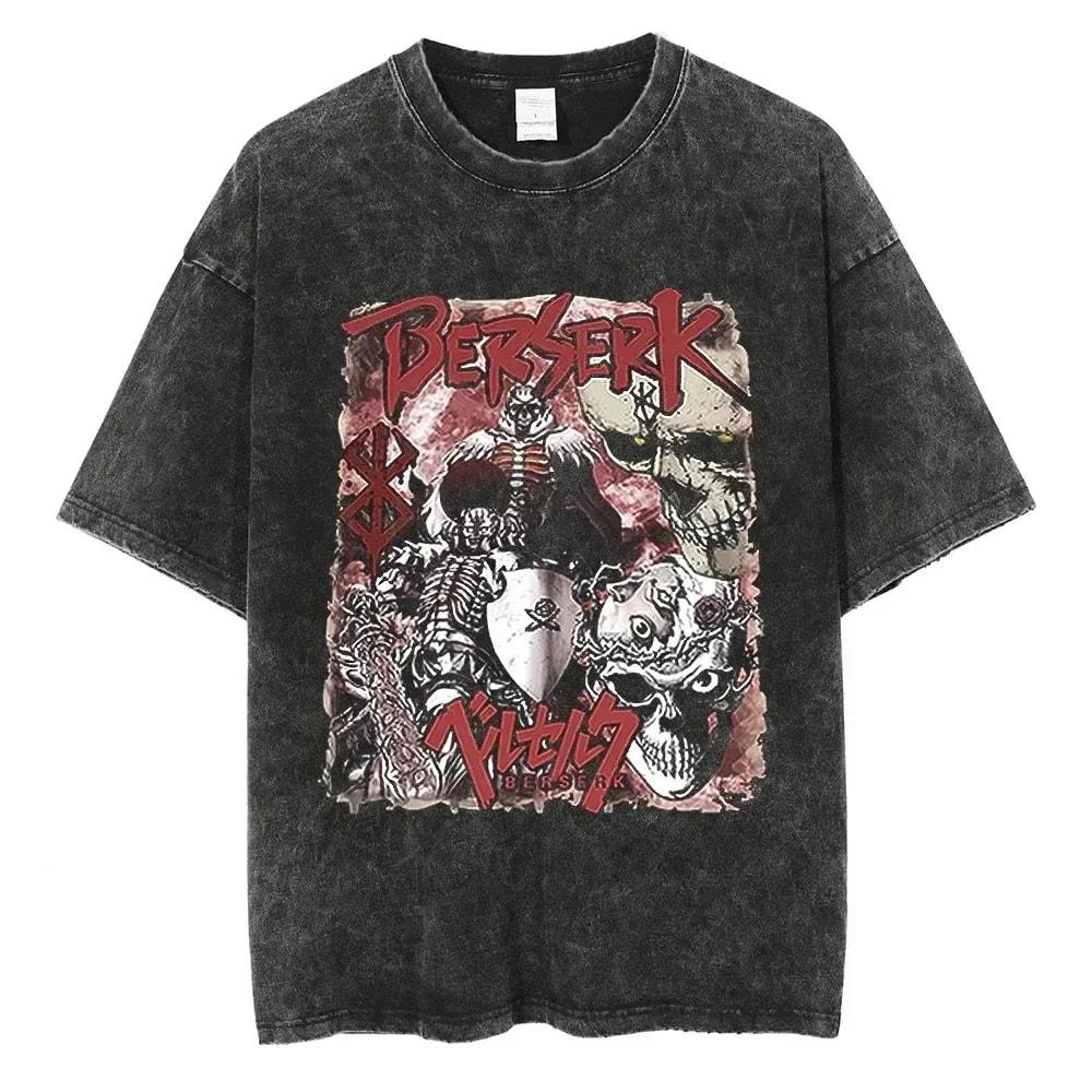 Men Harajuku Black Washed T-Shirt Hip Hop Streetwear Japan Anime Graphic Cotton Casual Oversized Summer Short Sleeve Tops T Shirt