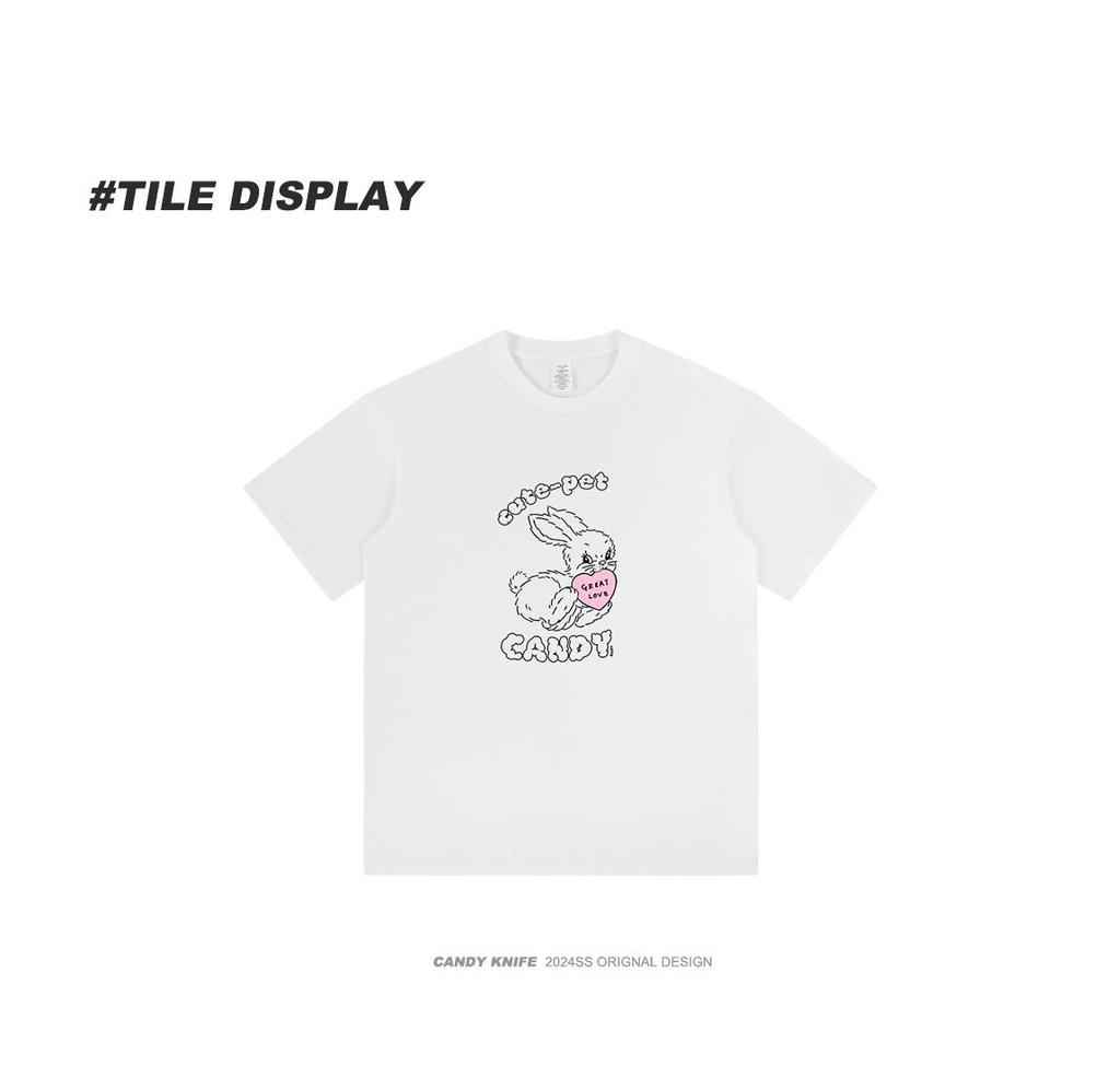 Fun Love Heart Rabbit Print T-Shirt - Unisex Couple's Trendy Short Sleeve Summer Top