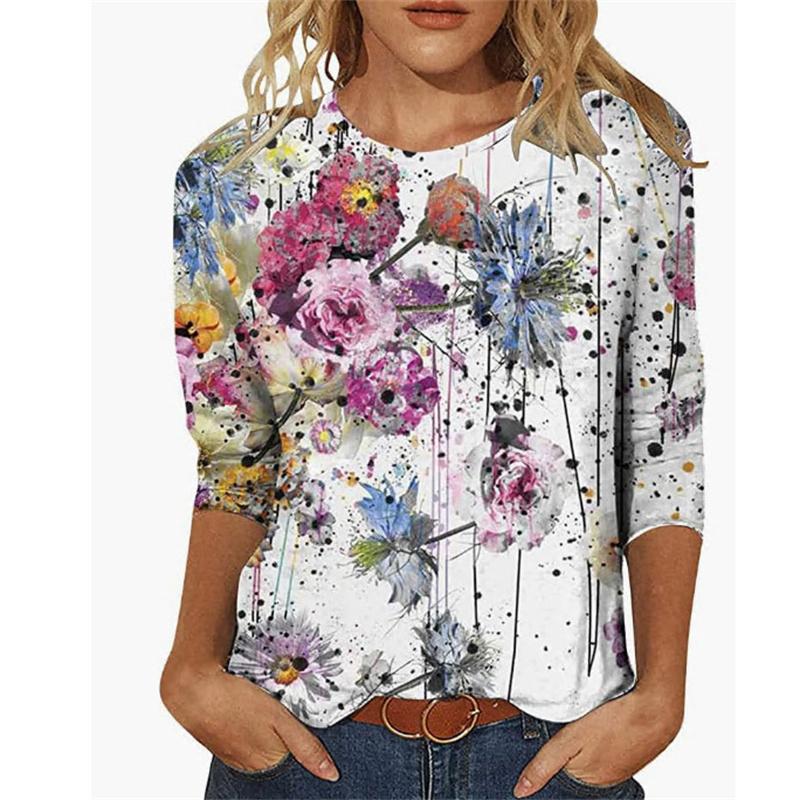 

Осенняя женская футболка с длинным рукавом с цветочным принтом и круглым вырезом, женский топ больших размеров XL