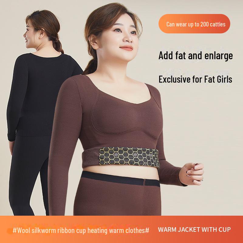 "8829 Plus Size Women's Wool Silk Velvet Thermal Underwear with Chest Pad - Long Sleeve Top"