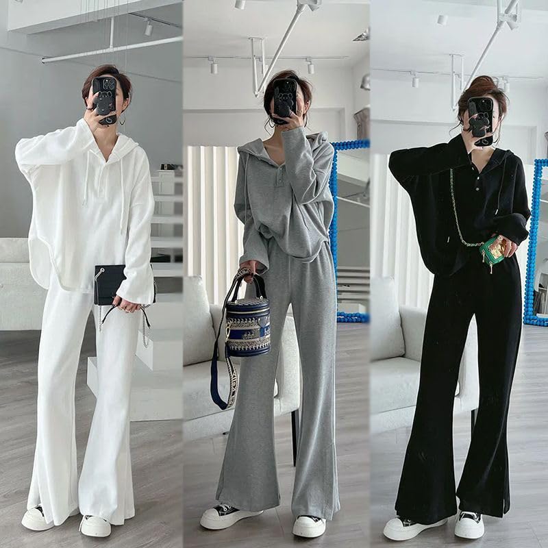 Long Sleeve Hoodie and Loose Perfect for Sports or Solid Simple and Perfect for and Fall [NOLCCTN] Women's 2-Piece Set Wide-Leg Pants, Fit,