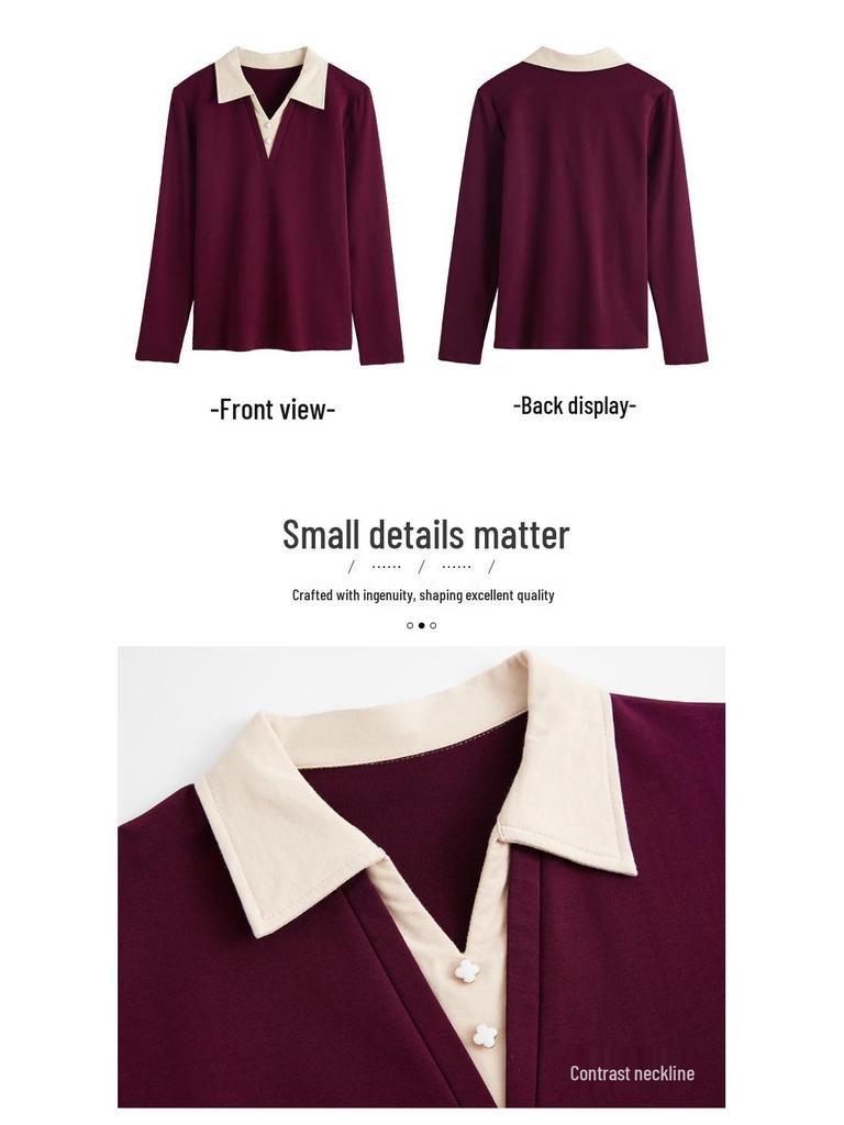 2025 Autumn Color Block Polo T-Shirt for Women: Long-Sleeved, Fake Two-Piece Design for Middle-Aged Mothers