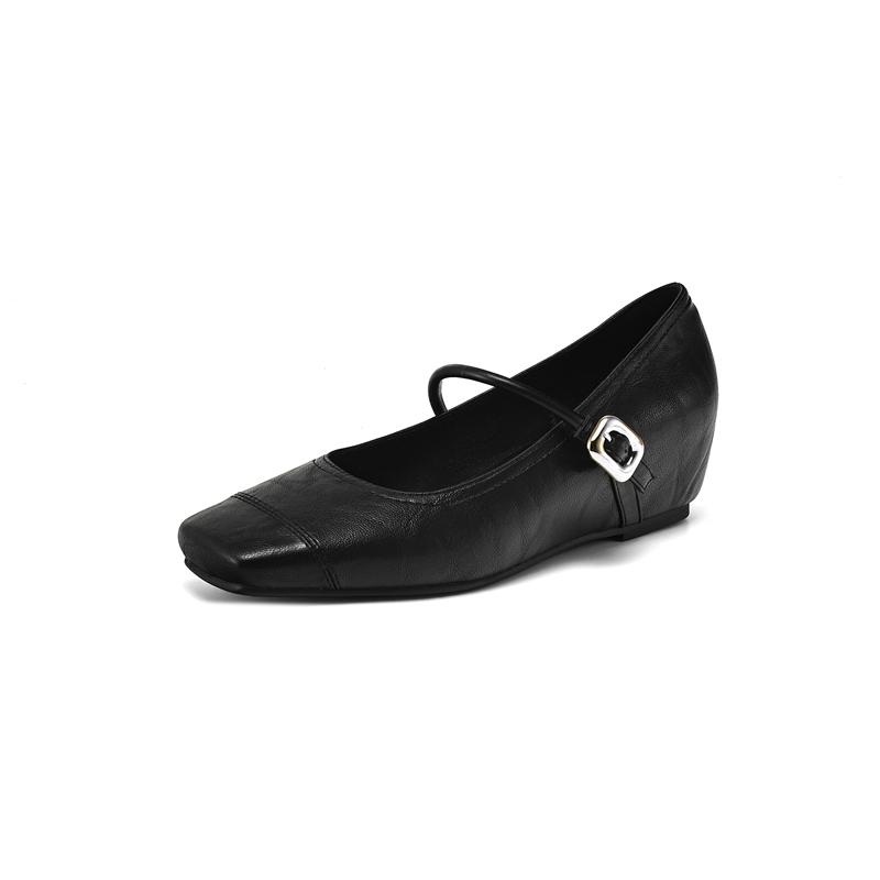 Fashion Women's new spring and autumn square toe with increased height, mid heel, large metal belt buckle, Mary Jane single shoes