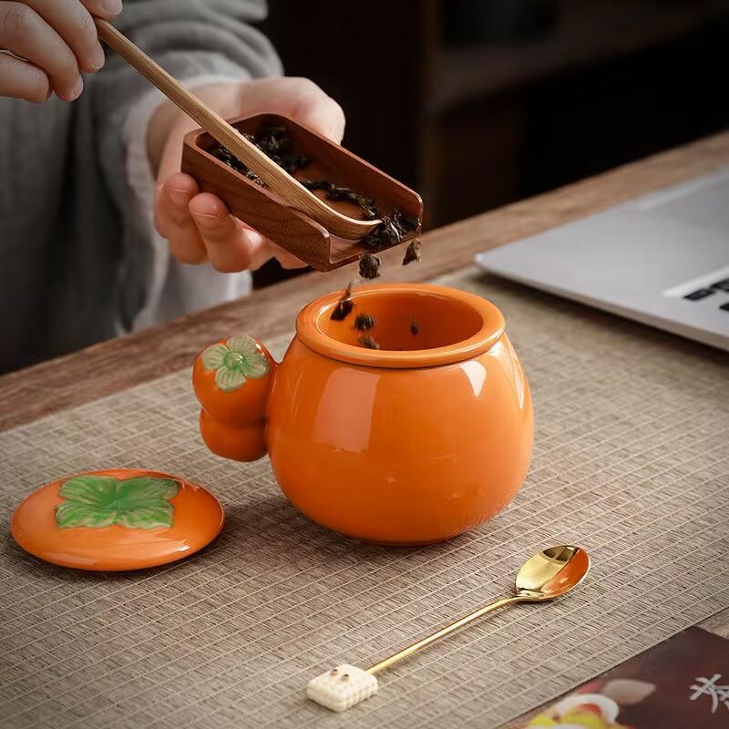 Everything Goes Well, Persimmon Ceramic Tea Separation Office Tea Cup With Lid Spoon Activity Holiday Gifts