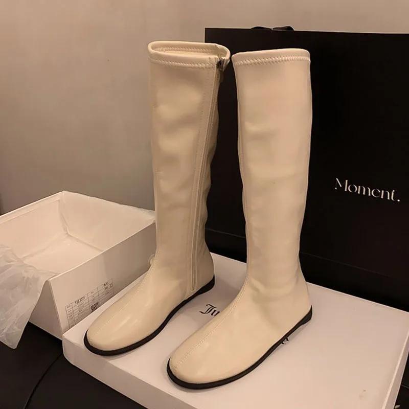 Boots for Women Quality Soft Leather Boots Side Zip Knee High Boots Fashion Suede Casual Flat Bottom Booties Lady Slim Long Boot