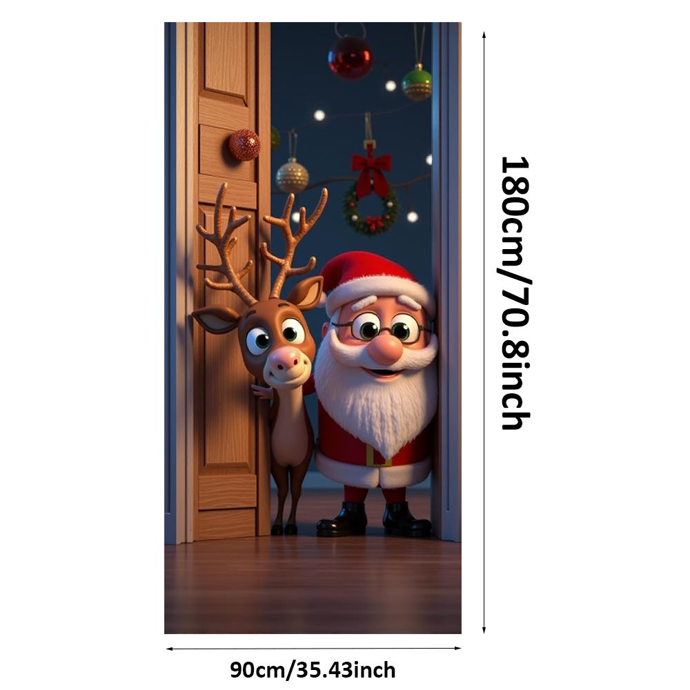 Cartoon Santa Elk Linings For Christmas Doors Kids Room Door Cover Banner Indoor Outdoor Porch Large Decoration New Year Decors