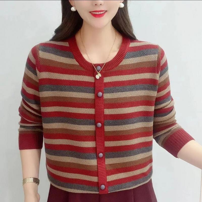 Women's Round-neck Striped Sweater Knitted Cardigan Autumn Loose Elegant Sweater