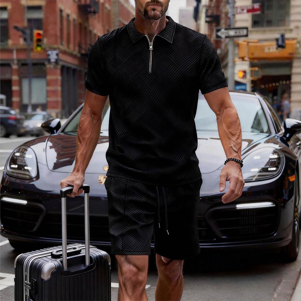 Men's New Casual Color Zipper Collar Shirt Short-sleeve Set
