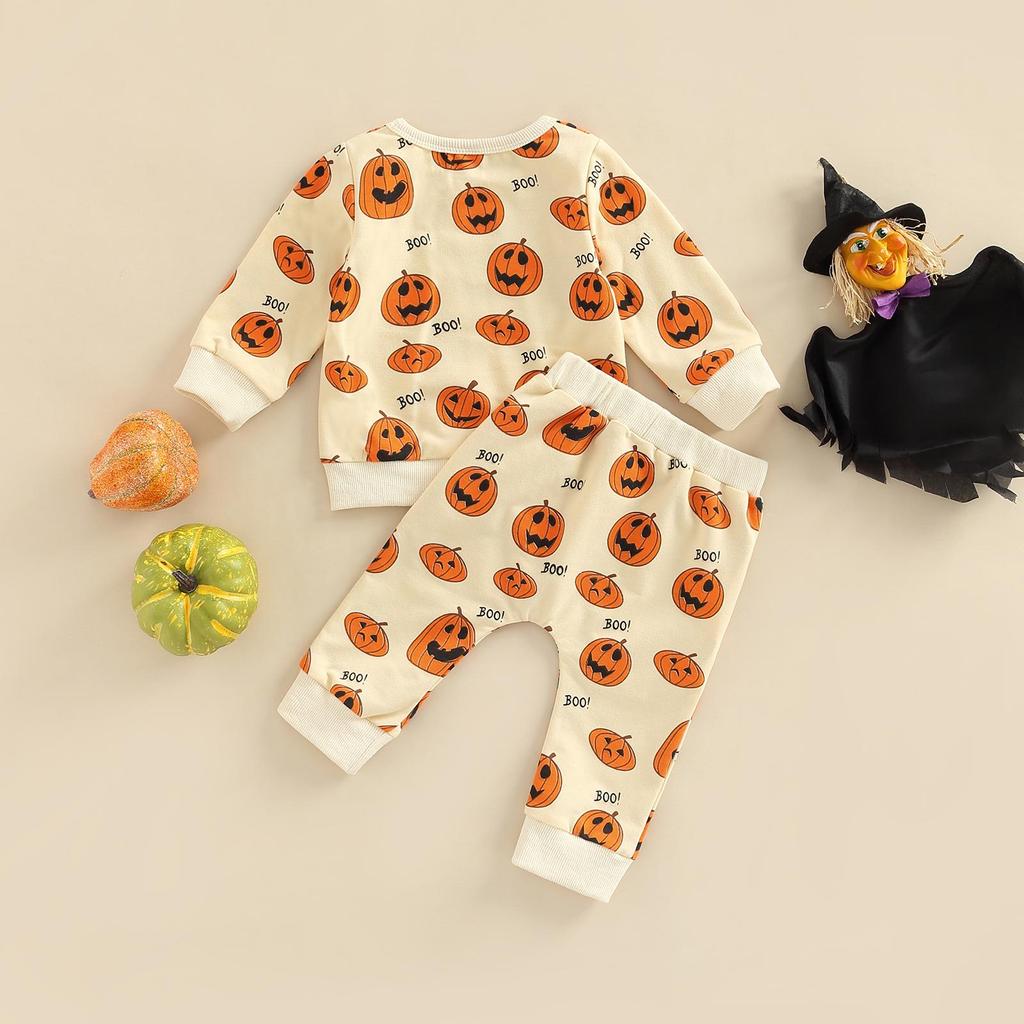 Baby Boys Girls Halloween Outfits Long Sleeve O Neck Pumpkin Print Tops + Gray Drawstring Pants