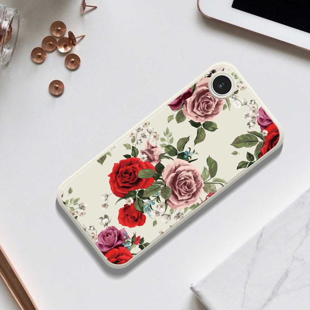 For iPhone 16e Case Red and Pink Flowers Pattern Printing Straight Edge TPU Phone Back Cover