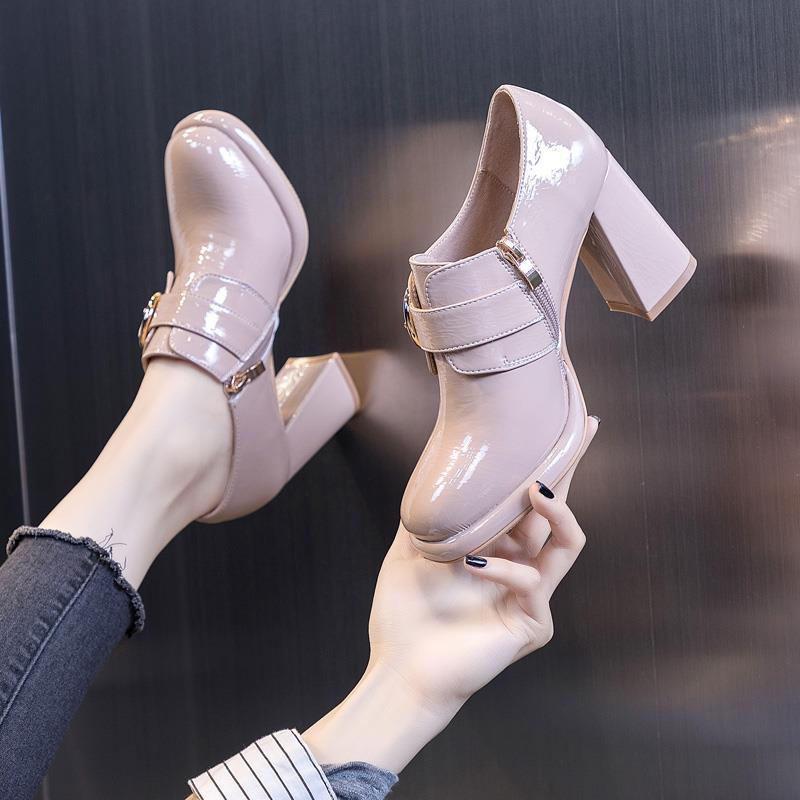 Fashion Block Heel Platform Pumps Women Autumn Shoes 2024 Fall High Heels Shoes Ladies Spring Side Zip Deep Mouth Patent Leather Shoe