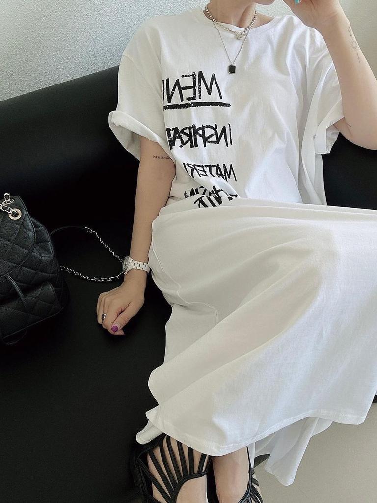 Women Summer Shirt Dress Round Neck Short Sleeve T-Shirt Dress Loose Letter Printing Long Dresses