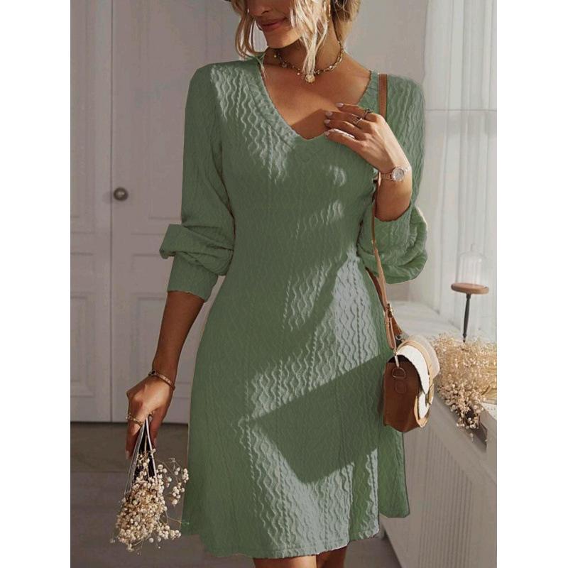 Elegant French V-neck A-line Textured Autumn Dress - Women's Long Sleeve Solid Color