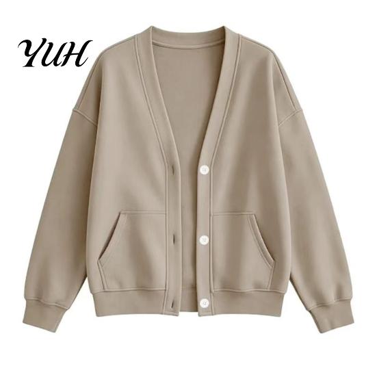 Fall Winter Top Women Button Front V-Neck Cardigan, Solid Color Oversized Sweatshirt with V Neck Cardigan Dual Pockets, Long Sleeve Casual Jacket for