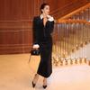 Women's Temperament Commuter Lapel Flared Long Sleeve Black and White Color Clash Long Dress