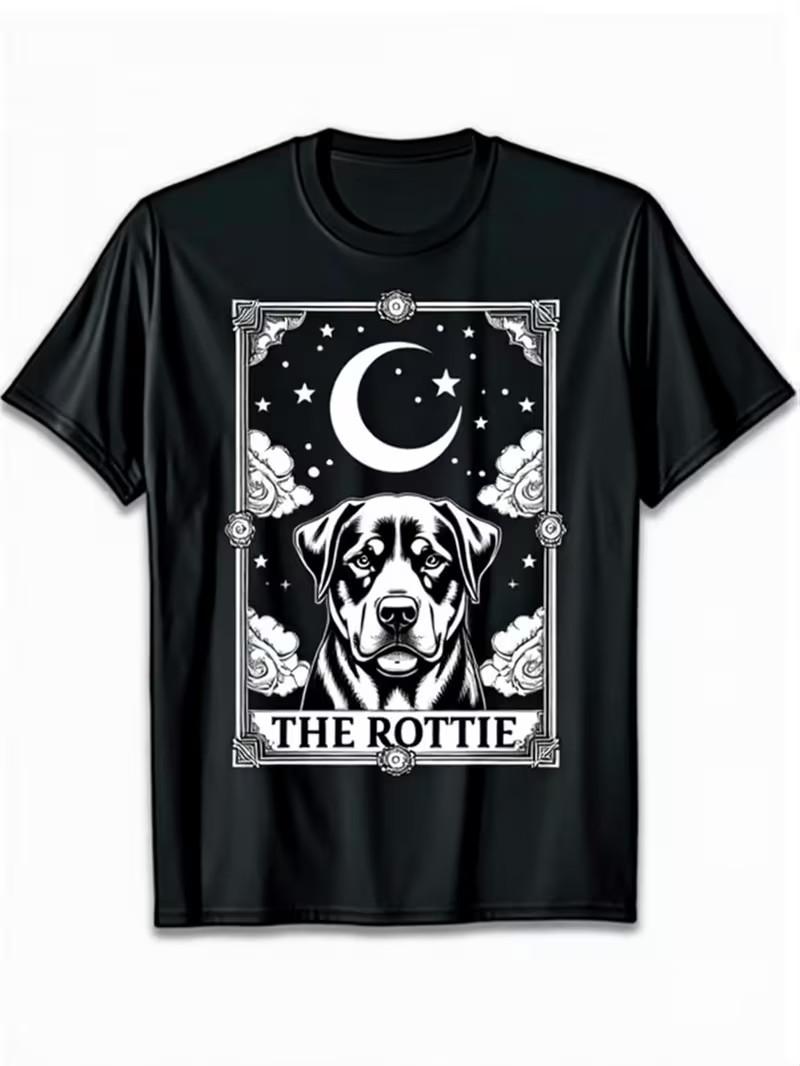 Vintage Gothic Rottweiler T-Shirt - Tarot Crescent Moon & Floral Graphic Tee for XXXL