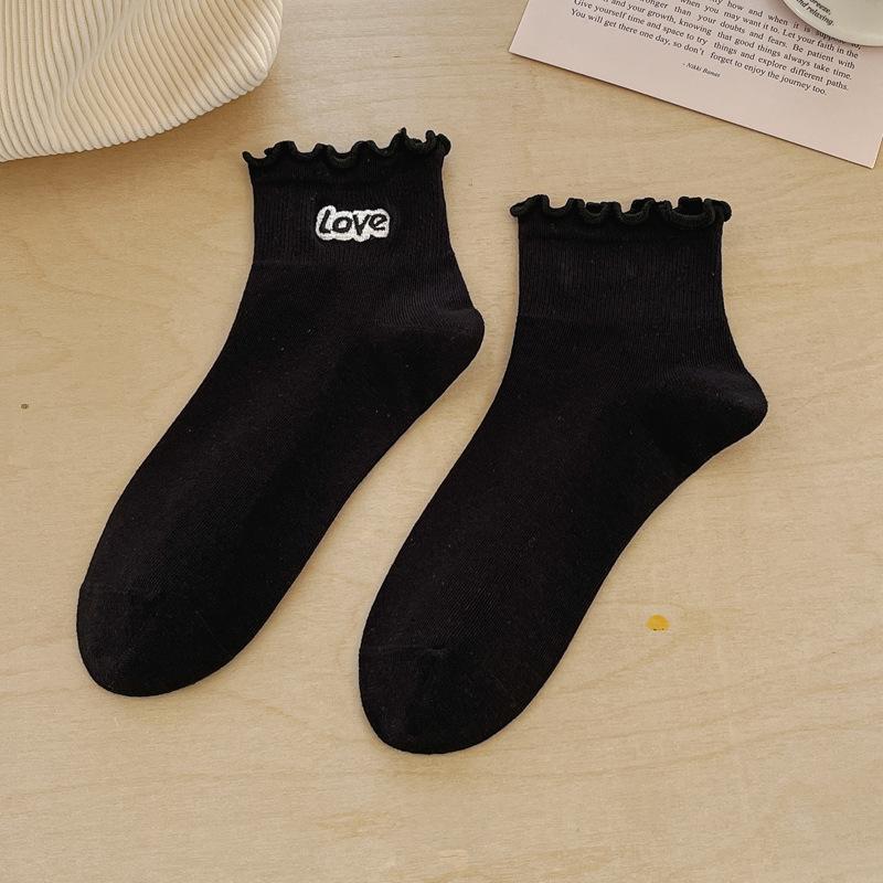 Spring Socks for Women Short Calf Black and White Mushroom Edge Solid Color Mid Calf Socks Embroidered All In One Machine Cotton Socks Thin Style